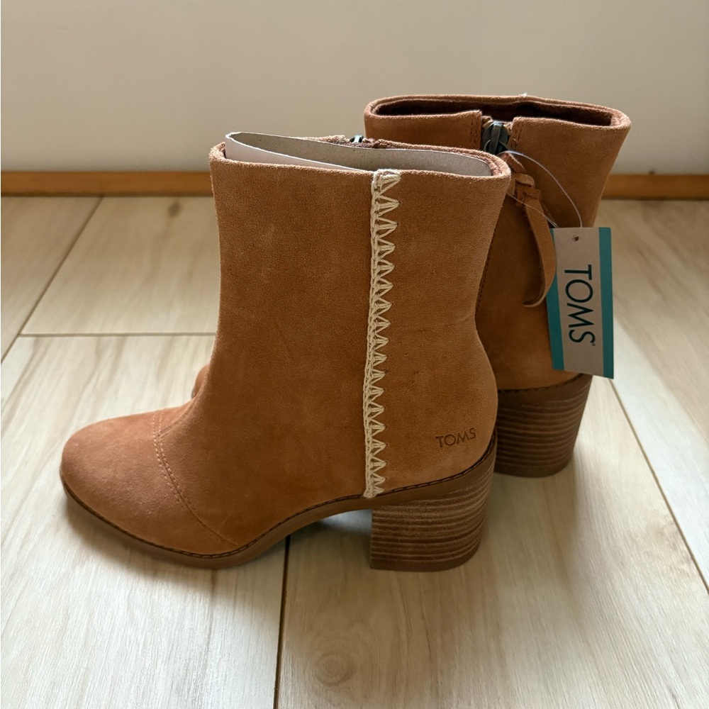 TOMS Tan Suede Stacked Heel Ankle Boots with Stitch Detail - Picture 2 of 5